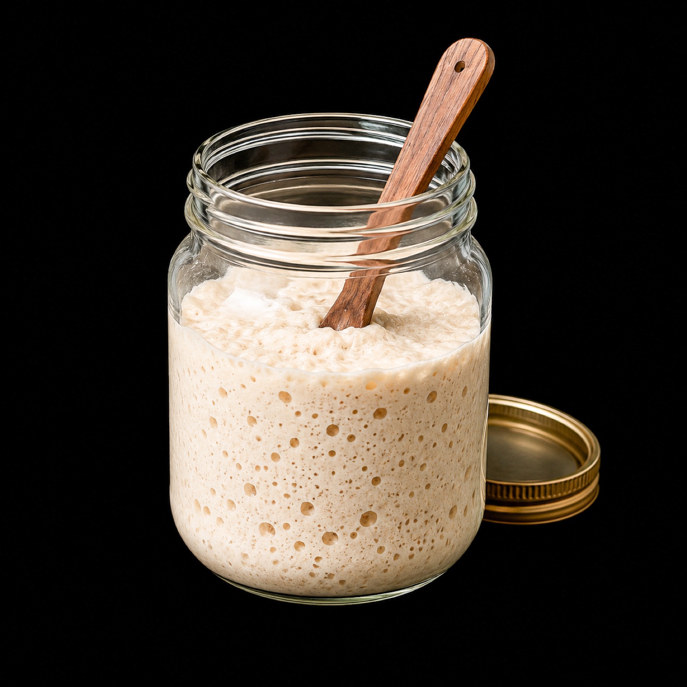Cultivo de masa madre activo en frasco con cuchara de madera